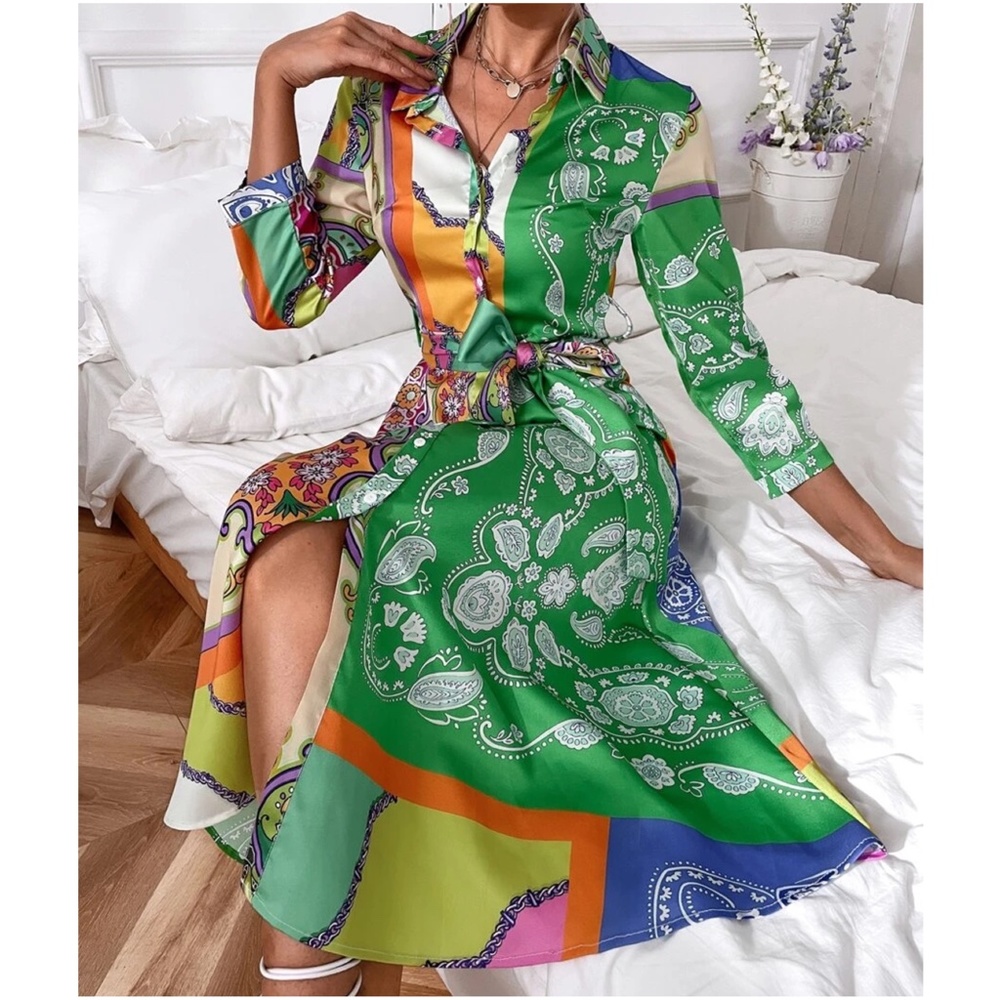Boho Paisley Print Button up Satin Dress - Picture 3 of 7